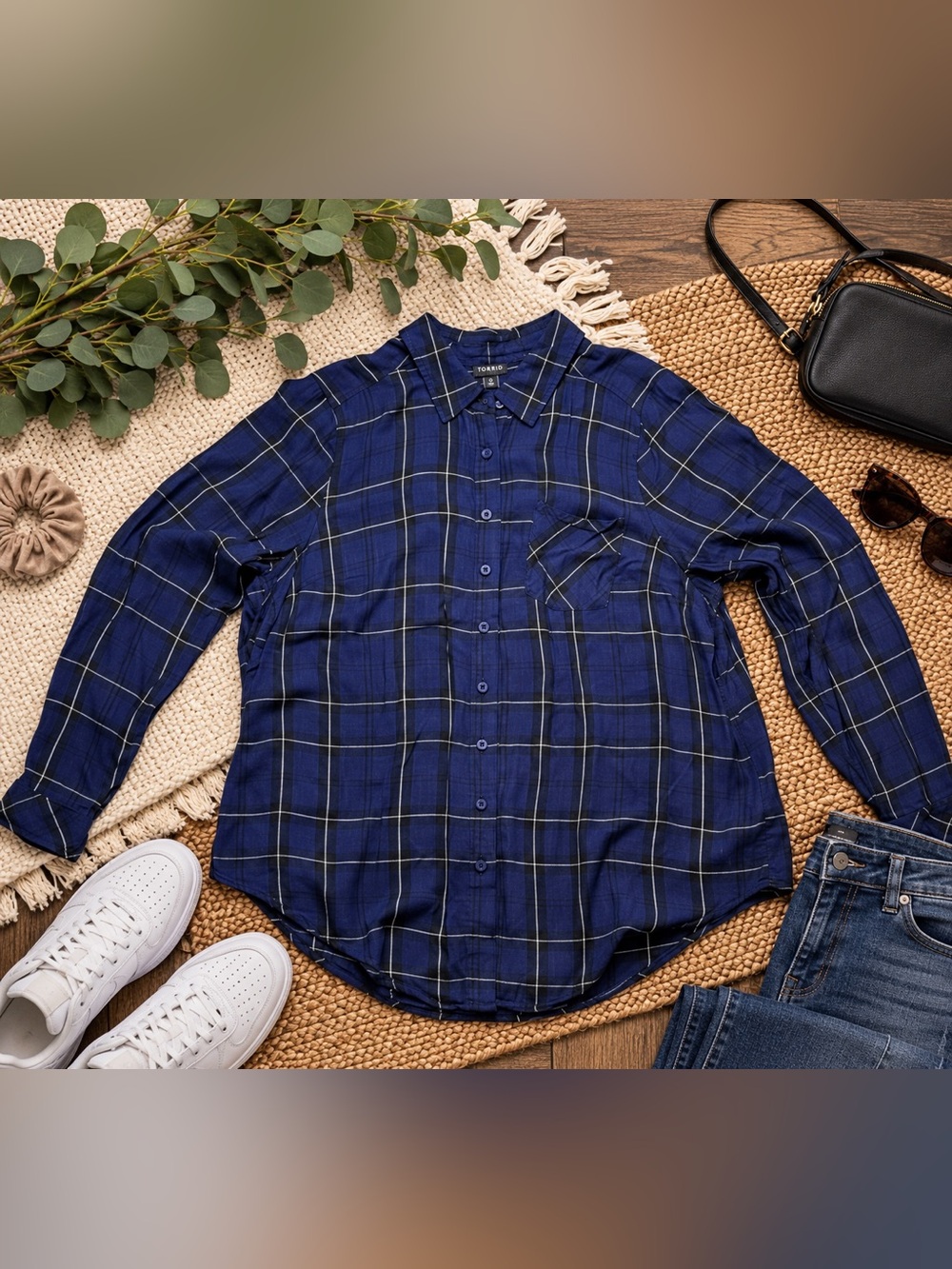 Torrid Blue Plaid Windowpane Button Down Shirt Size 0 12/14 Rayon